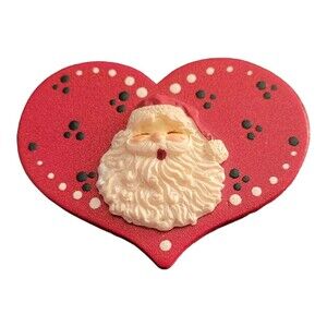 Vintage Wood Heart w/ Resin Santa Face Brooch Pin